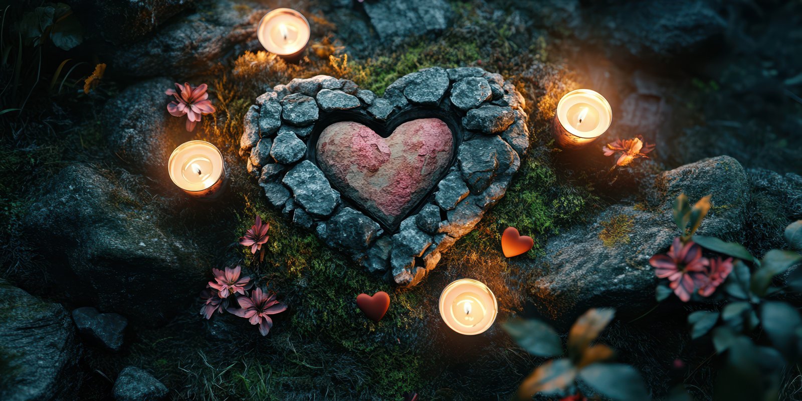 Decorative stone heart surrounded by candles and flowers in a serene garden setting during twilight